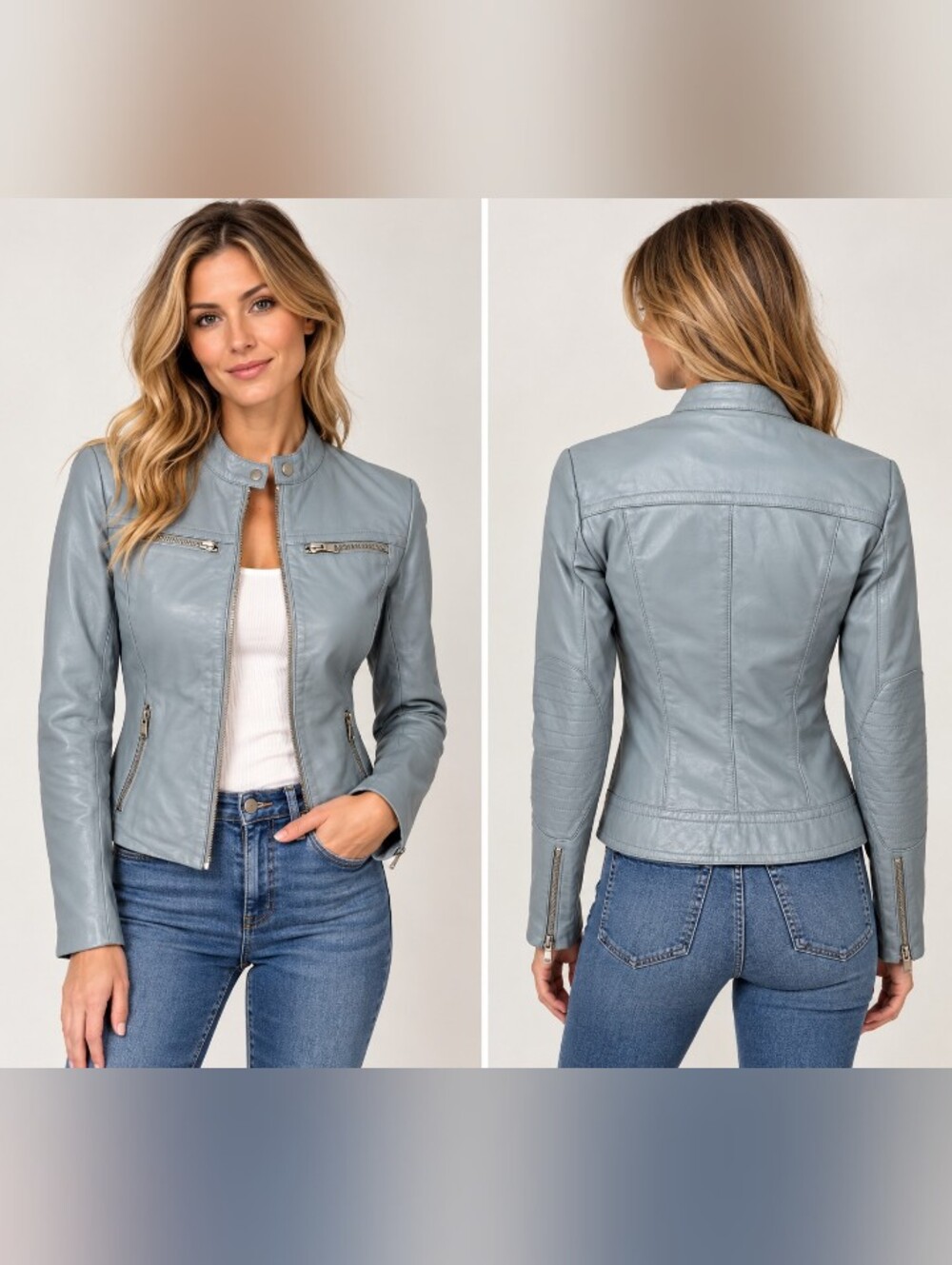 danier genuine leather moto jacket blue gray zippered fitted biker jacket  4